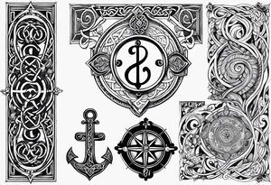 Celtic styling, anchor, compass, bass clef note, treble clef note, dog paw print, half sleeve, forearm tattoo idea