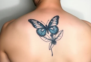 blue morph butterfly landing on a snapdragon tattoo idea