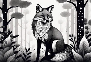 A playful fox with a bushy tail, set in a lush forest, illustrating cleverness and adaptability.” tattoo idea