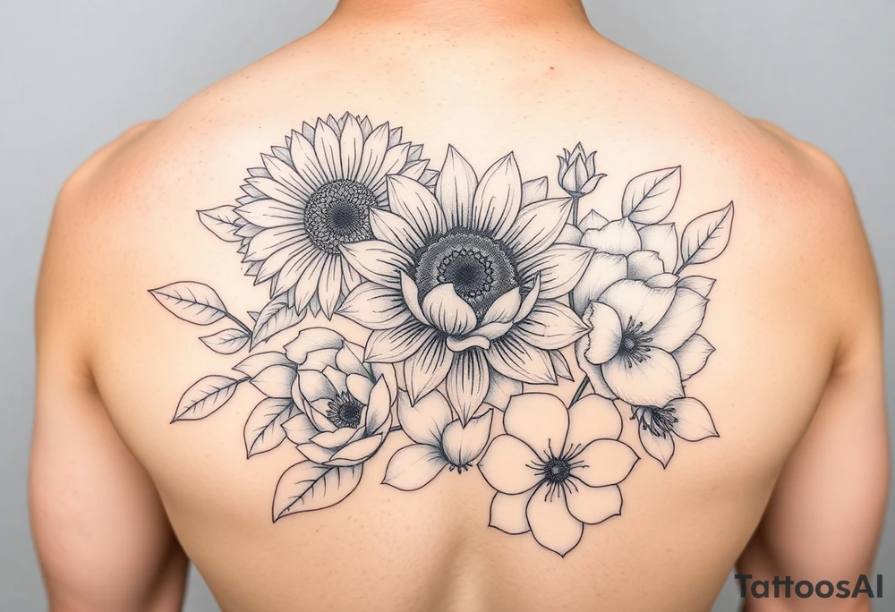 Sunflower, peony, cherry blossom, lotus, hydrangeas tattoo idea