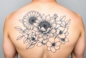 Sunflower, peony, cherry blossom, lotus, hydrangeas tattoo idea
