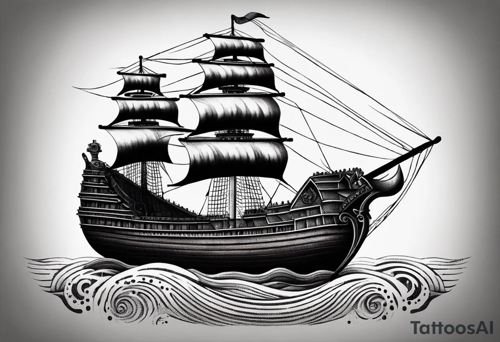 large and dark wooden ship facing left 2 dimensional tattoo idea