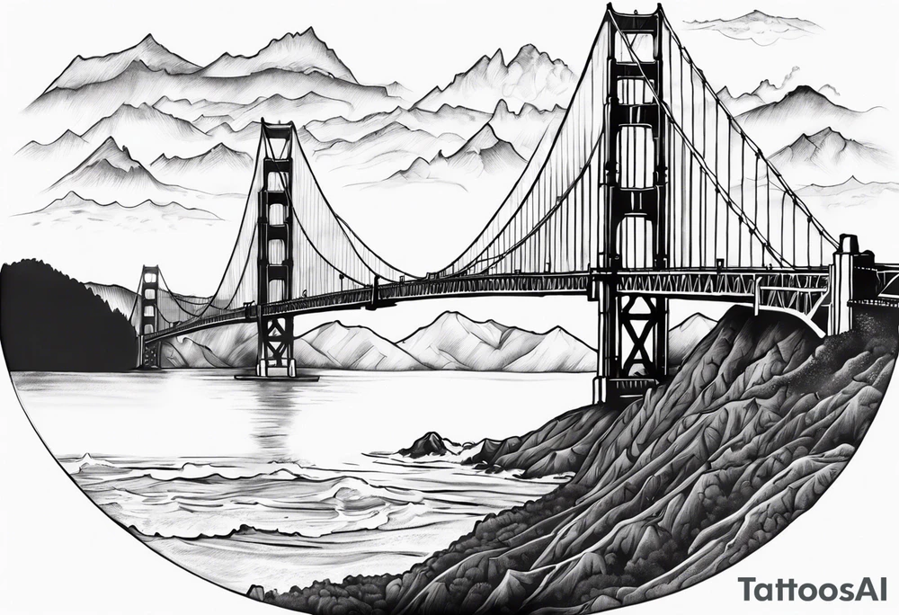Golden Gate Bridge with fog rolling in with Marin hills in the background tattoo idea