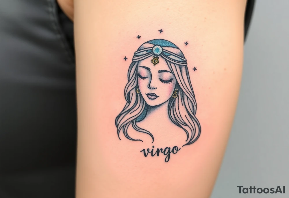 A serene goddess with closed eyes and a third eye glowing on her forehead, wrapped in a cosmic veil of navy blue and silver dust with the word virgo tattoo idea