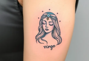 A serene goddess with closed eyes and a third eye glowing on her forehead, wrapped in a cosmic veil of navy blue and silver dust with the word virgo tattoo idea