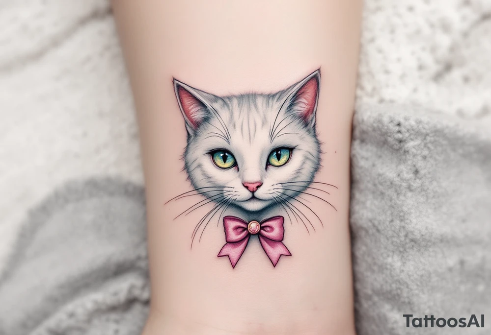 A soft white-and-pink cat with pink bow tattoo brings Marie’s elegance from The Aristocats to life. tattoo idea