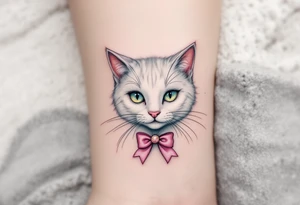 A soft white-and-pink cat with pink bow tattoo brings Marie’s elegance from The Aristocats to life. tattoo idea
