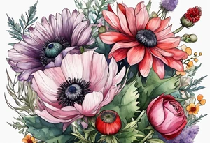 wildflowers with thistles, ferns, ranuculus, white anemones with black center, sun flowers, red flowers, pink flowers, purple flowers, buttercups all in watercolor tattoo idea