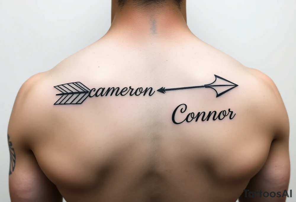 1 fancy feminine arrow that incorporates the name Cameron and another feminine arrow that incorporates the name Connor tattoo idea