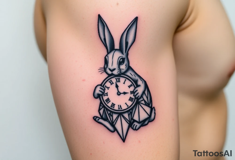 Geometrical rabbit holding a clock tattoo idea