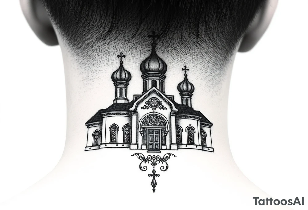 medium sized Russian orthodox church with bulb domes with a prominent russian orthodox mosaic tattoo idea