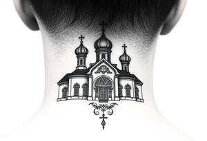 medium sized Russian orthodox church with bulb domes with a prominent russian orthodox mosaic tattoo idea