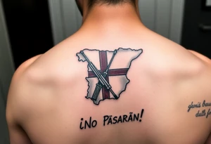 A Spanish civil war fighter on the republican side, with an outline of Spain, with the words “¡No Pasarán!” written underneath tattoo idea
