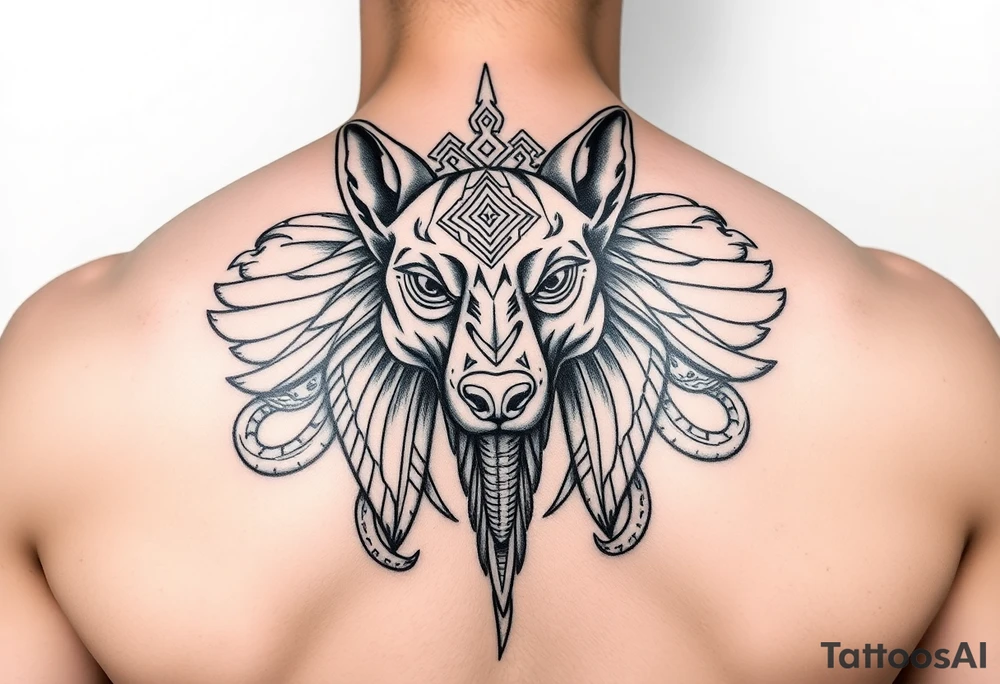 Egyptian Anubis god face muscle in Egypt style dog face surrounded Egyptian symbols and snakes full back tattoo idea