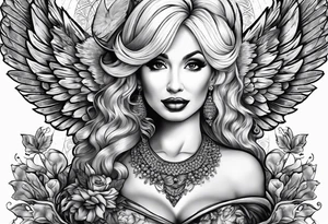 An angelic tattoo featuring Dolly Parton, an acorn, wings tattoo idea