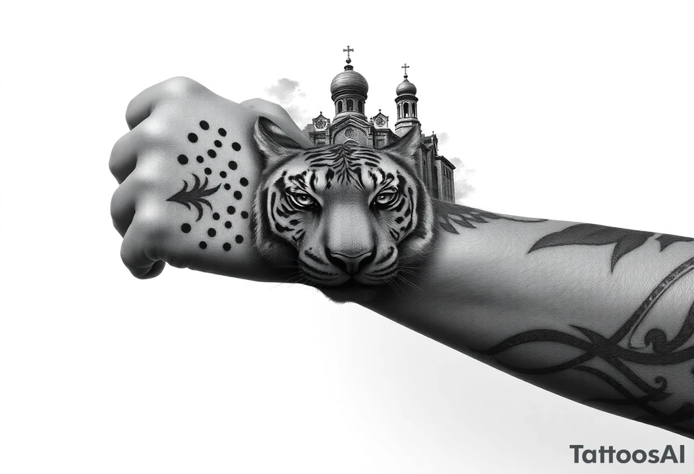 in a dorsal view of the hand and forearm a tiger face on the hand with black hollowed eyes, then above this a orthodox church shrouded with a mist and fading into a virgin mary overlooking tattoo idea