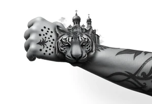 in a dorsal view of the hand and forearm a tiger face on the hand with black hollowed eyes, then above this a orthodox church shrouded with a mist and fading into a virgin mary overlooking tattoo idea