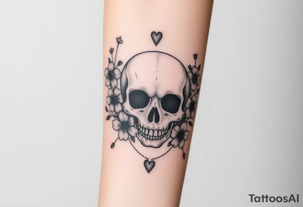 Pretty skull surrounded by wildflowers and hearts tattoo idea