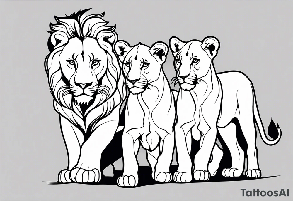 a female lion sketch, with the face in a position of 3/4, with 6 cubs, black and white, lines and low amont of shadow tattoo idea
