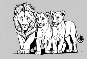 a female lion sketch, with the face in a position of 3/4, with 6 cubs, black and white, lines and low amont of shadow tattoo idea