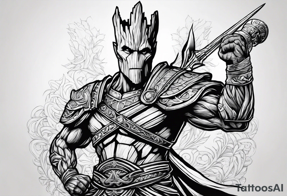 Groot greek warrior, half viewed with sword, knight tattoo idea