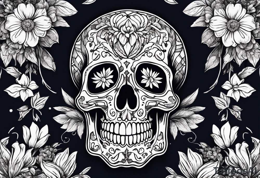 skeleton with body and flowers around it vintage sketch tattoo idea