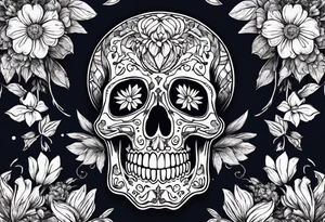 skeleton with body and flowers around it vintage sketch tattoo idea