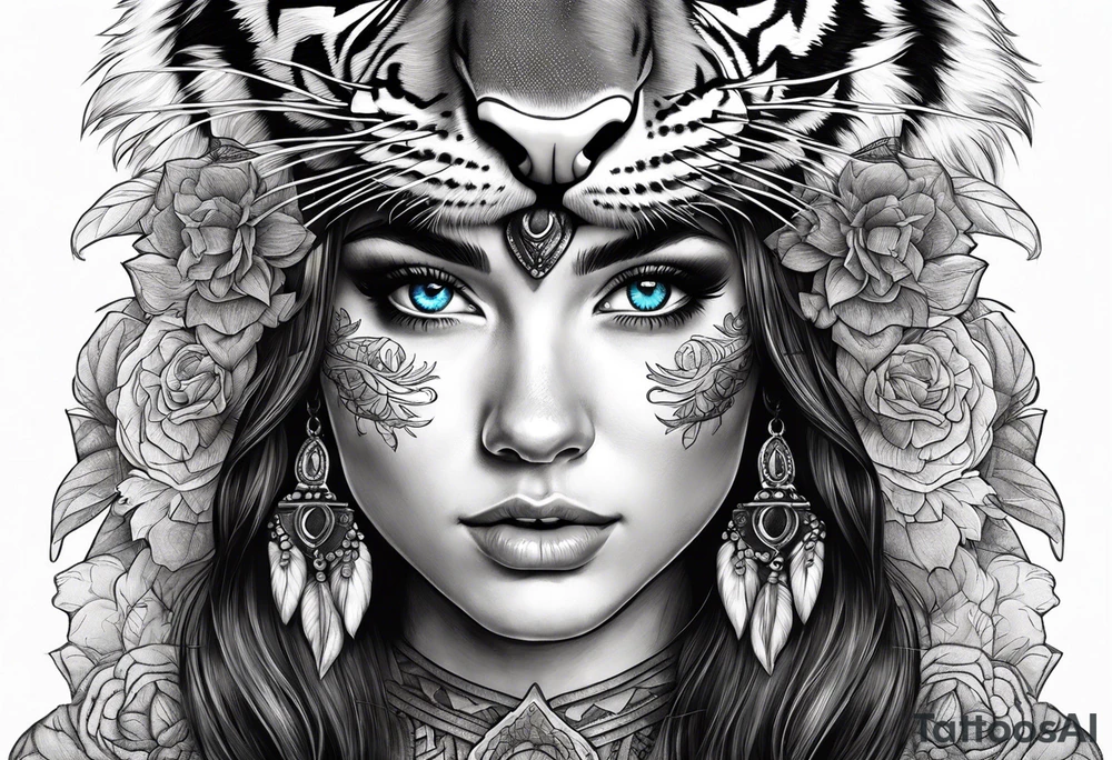 attractive brunette girl with blue eyes with aggressive tiger headdress tattoo idea