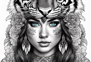 attractive brunette girl with blue eyes with aggressive tiger headdress tattoo idea