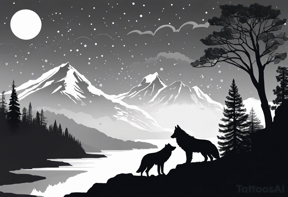 Black and white silhouette illustration of a majestic, bioluminescent wolf and eagle perched on a rocky mountain. The wolf and eagle are outlined in bold black lines, with a subtle glow suggested through radiating shapes around their forms. The surrounding landscape features silhouettes of glowing flowers, trees, and a winding river, all outlined simply. The overall atmosphere captures a sense of magical wonder, with the focus on the stark contrast of the glowing figures against the minimalist background. tattoo idea