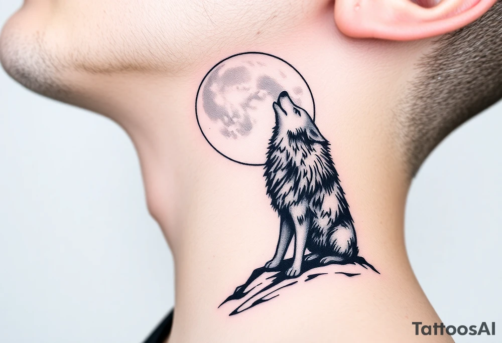 lone wolf howling at full moon with northern lights backdrop tattoo idea