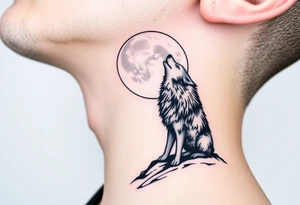 lone wolf howling at full moon with northern lights backdrop tattoo idea