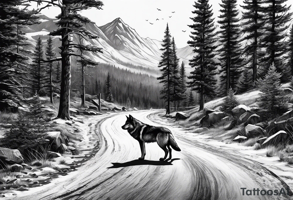 Lone wolf on a path or road. A pack of wolfs on the opposite end of road. tattoo idea