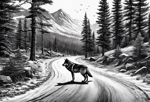 Lone wolf on a path or road. A pack of wolfs on the opposite end of road. tattoo idea