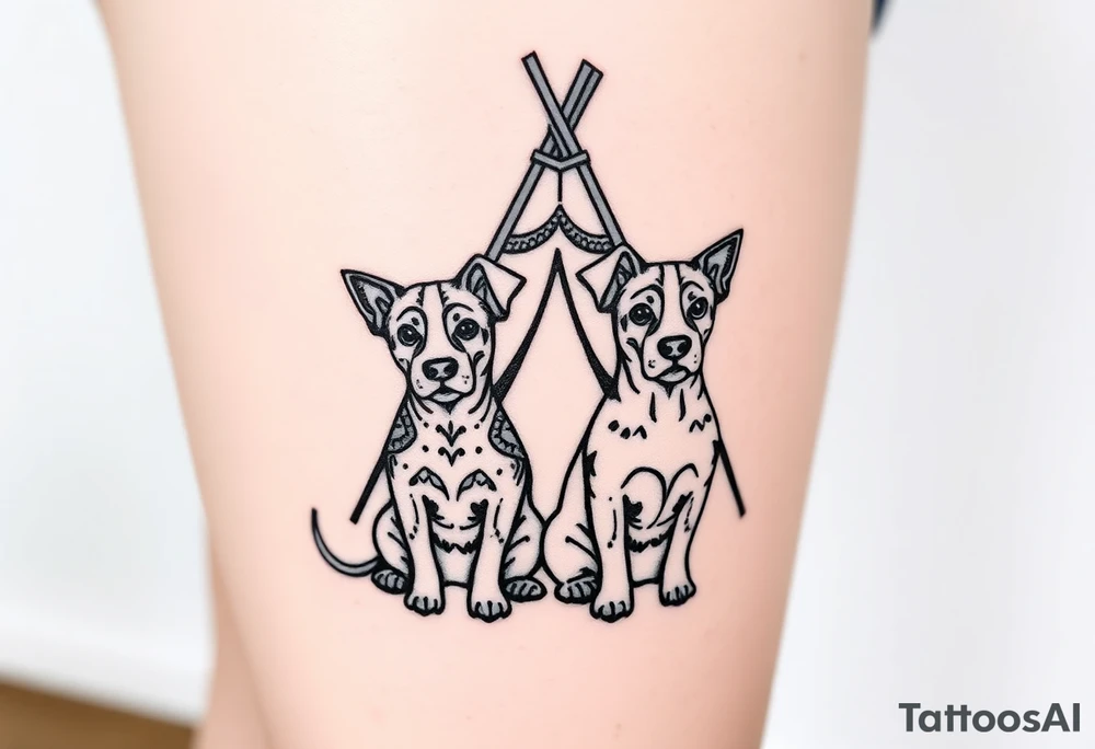 two dogs in front of a teepee tattoo idea