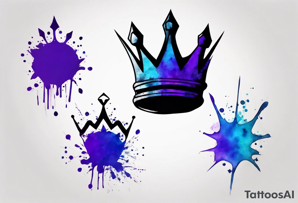 A tattoo of a minimalistic black crown and some negative space on a water color background of purple and blue. tattoo idea