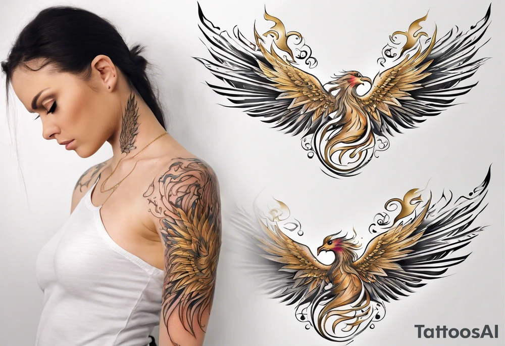 Sleeve tattoo on a woman's arm. Gold Phoenix tattoo idea