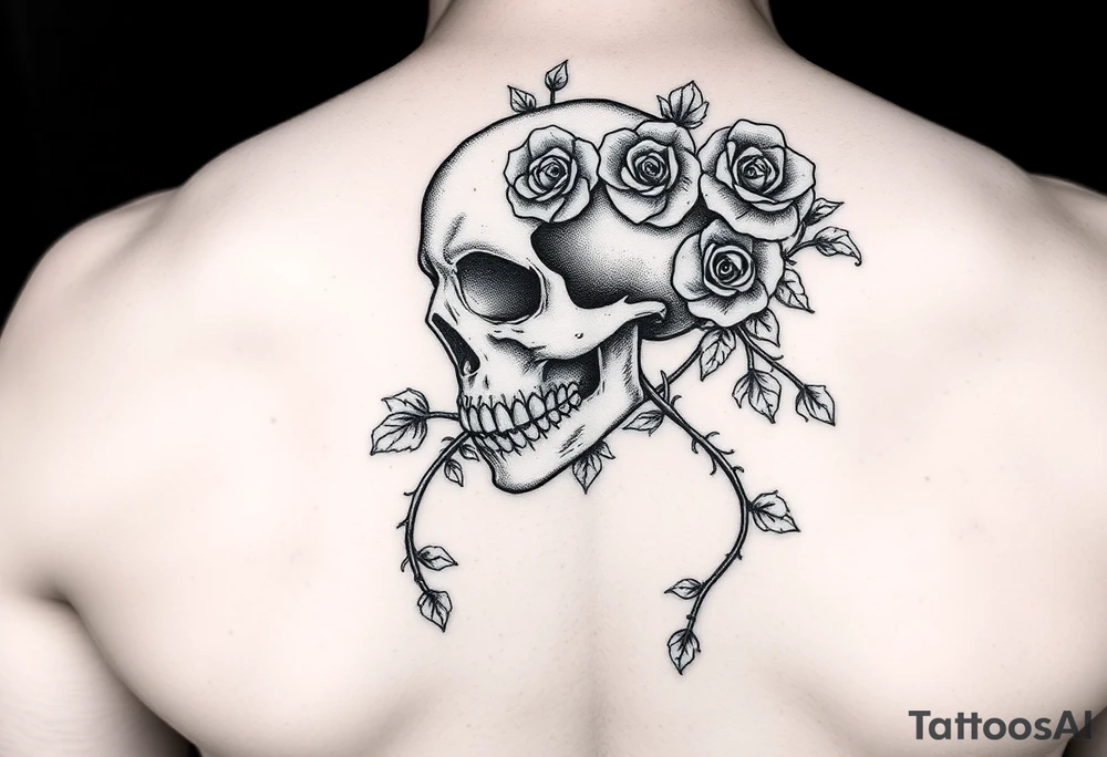 gothic skull intertwined with climbing roses and thorny vines tattoo idea