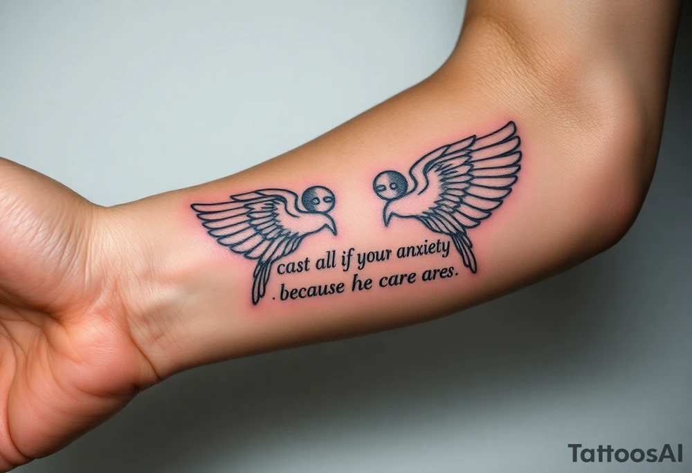 cast all your anxiety on him because he cares for you" with angels tattoo idea