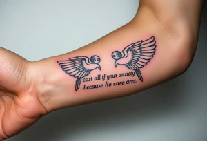 cast all your anxiety on him because he cares for you" with angels tattoo idea