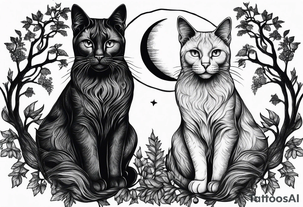2 cats and crescent moon with trees tattoo idea