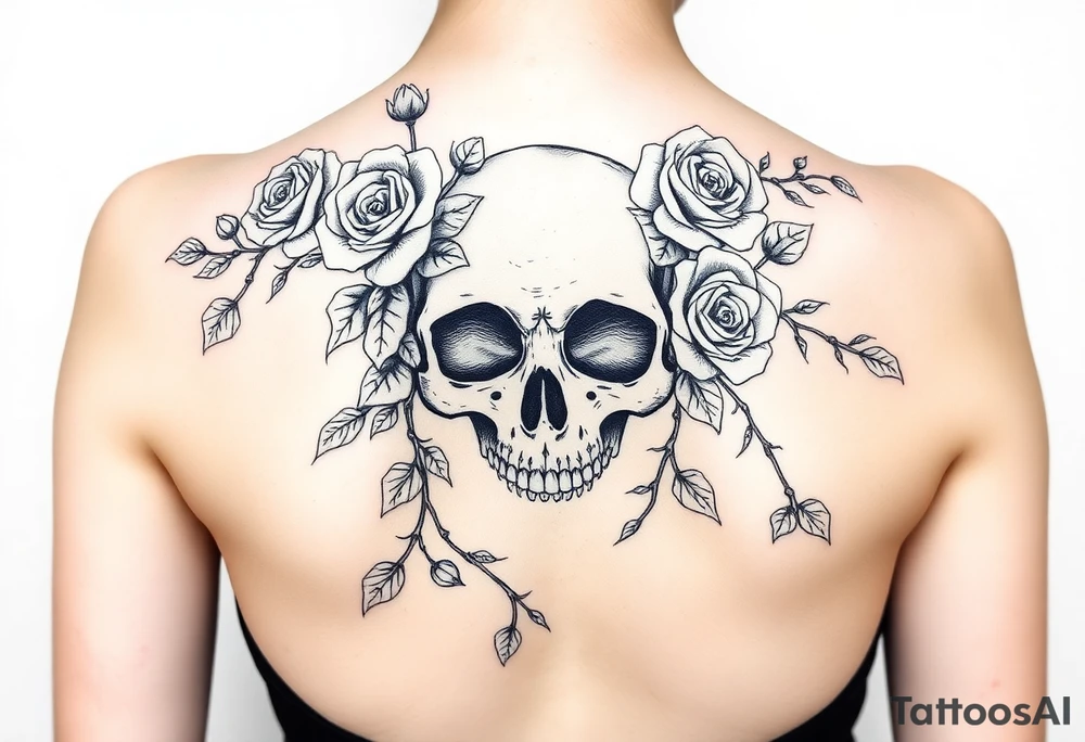 gothic skull intertwined with climbing roses and thorny vines tattoo idea