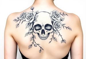 gothic skull intertwined with climbing roses and thorny vines tattoo idea