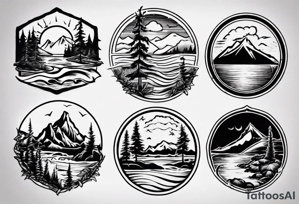 mountains, beach, waves, sunset, camping, trees tattoo idea