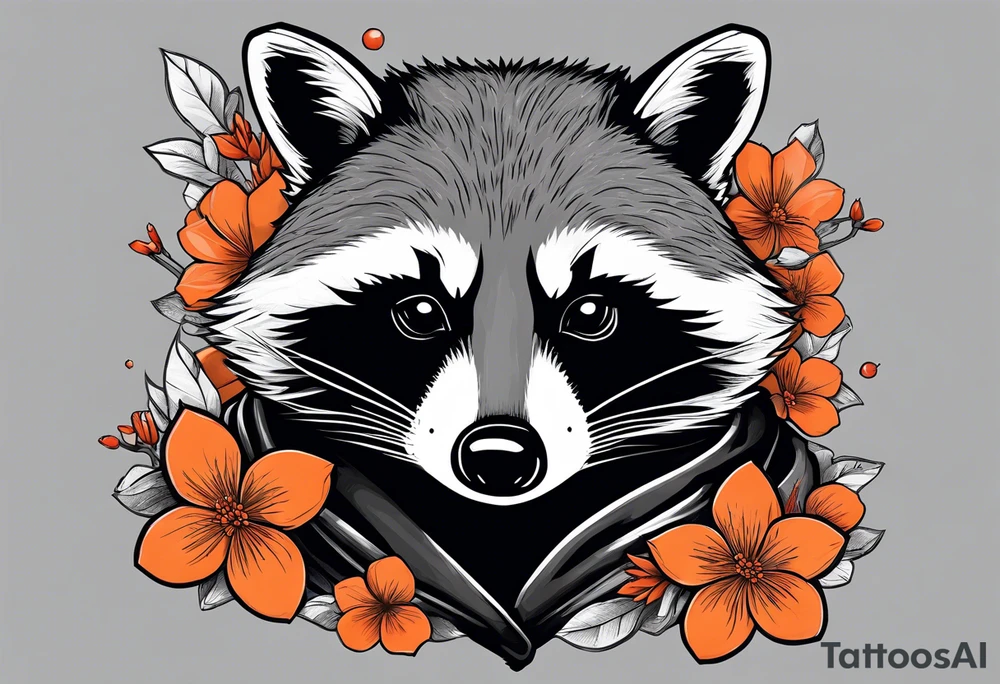 Raccoon wearing a white Superman logo on a black hoodie and orange Japanese cherry blossoms tattoo idea