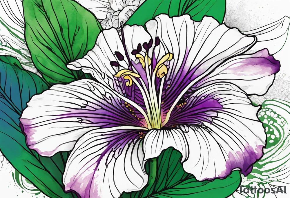 An outline of a rio dipladenia flower with a green and purple watercolor splash in the background tattoo idea