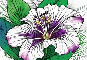An outline of a rio dipladenia flower with a green and purple watercolor splash in the background tattoo idea