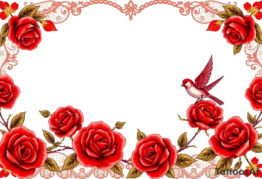 Vintage lace, red roses, red birds, vintage, wrap around, tighter together, no space open tattoo idea