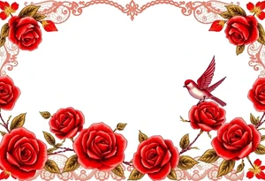 Vintage lace, red roses, red birds, vintage, wrap around, tighter together, no space open tattoo idea