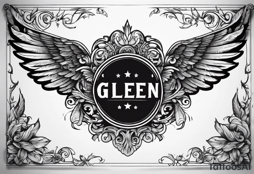 The word Glenn on a banner with angel Wings tattoo idea